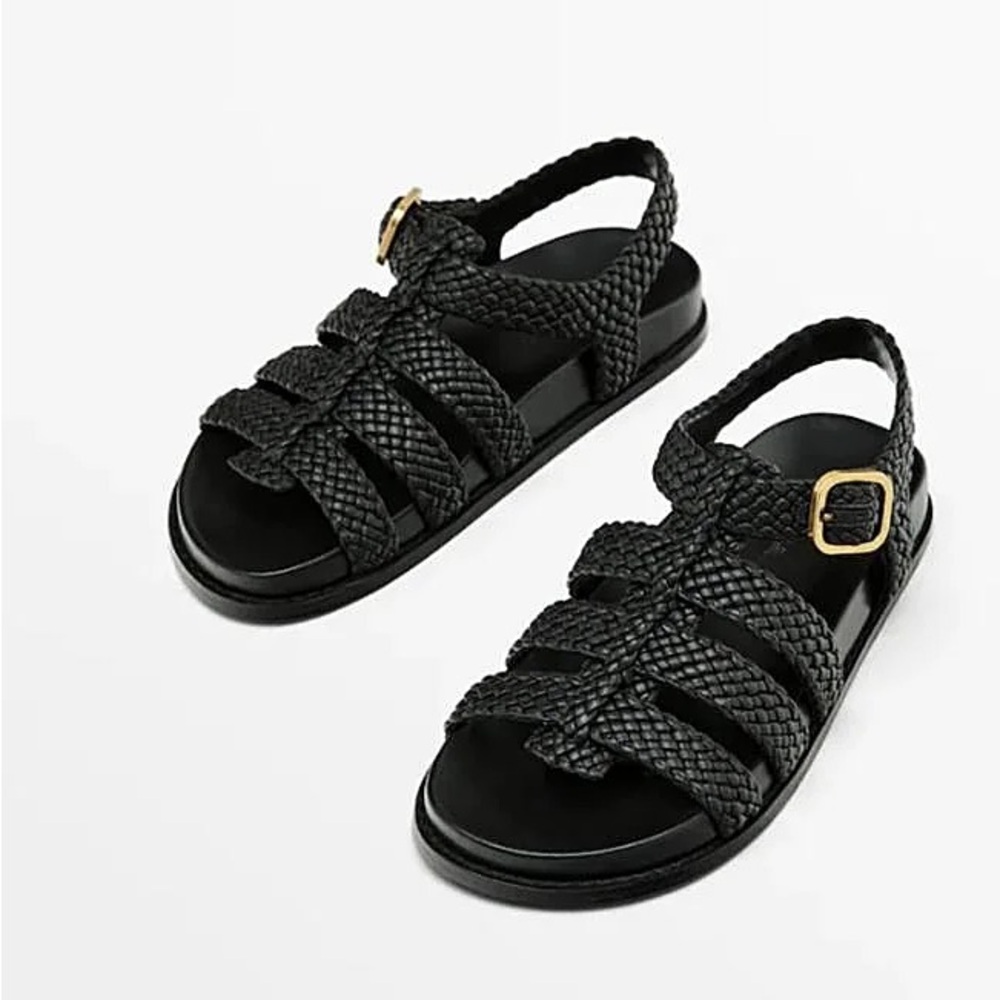 NWT Massimo Dutti Black Woven Leather Braided Dad Sandals with Buckle